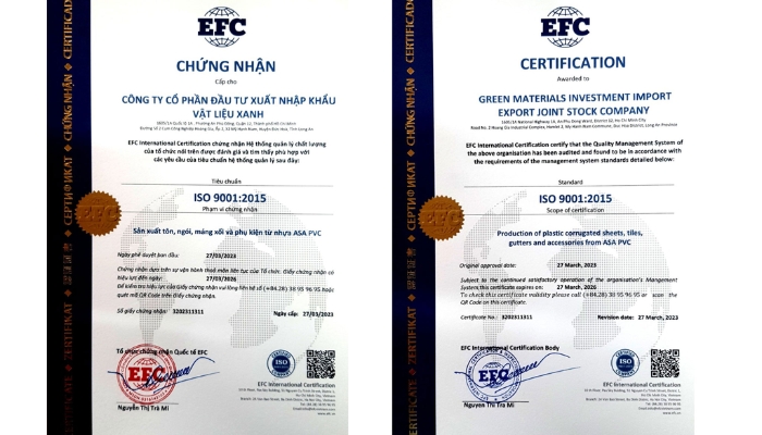 Sản phẩm đạt được chứng nhận theo tiêu chuẩn ISO 9001:2015